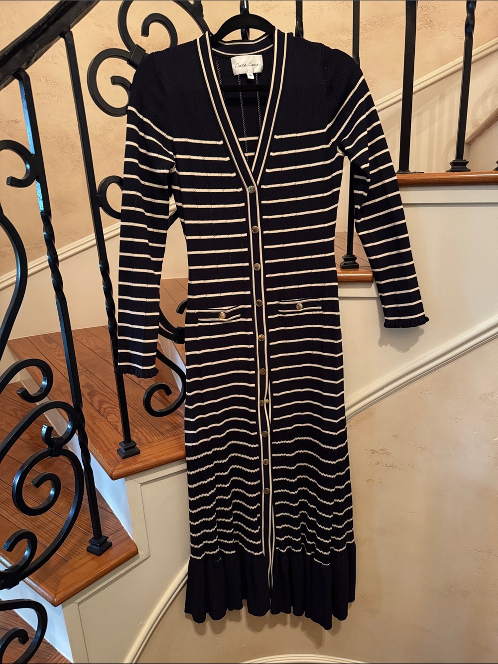 Chic Navy & White Striped Knit Gold Button-Front Dress by Cara Cara